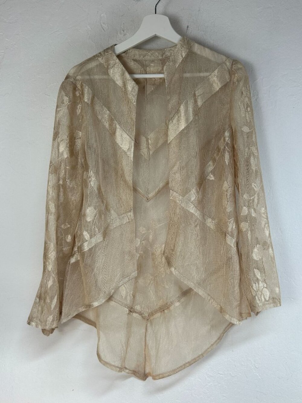 Women’s Sheer Metallic Gold Lace Jacquard Open Front Topper Jacket Medium USA